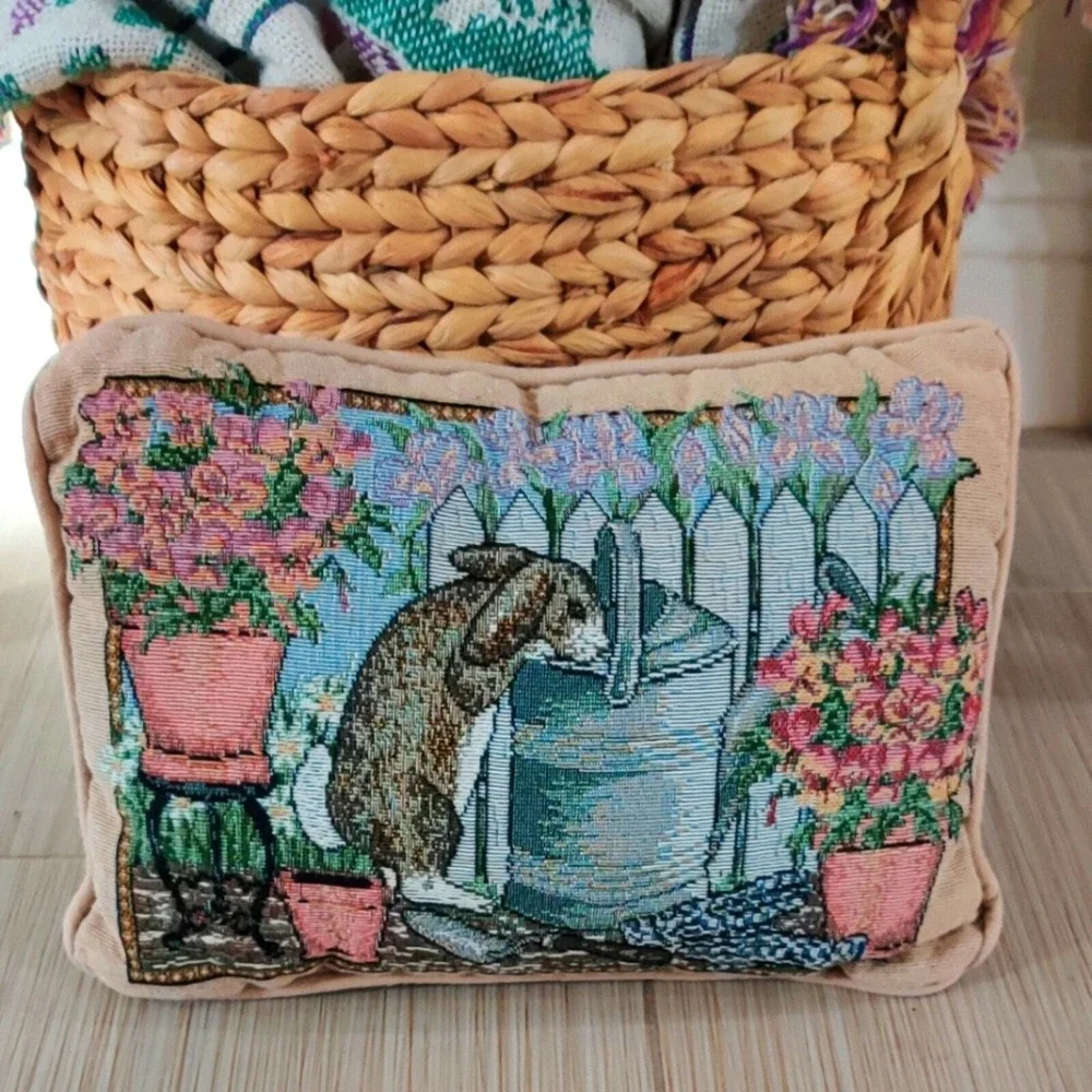 Grannycore Cottagecore Easter Tapestry Bunny Watering‎ Can Floral Pillow
